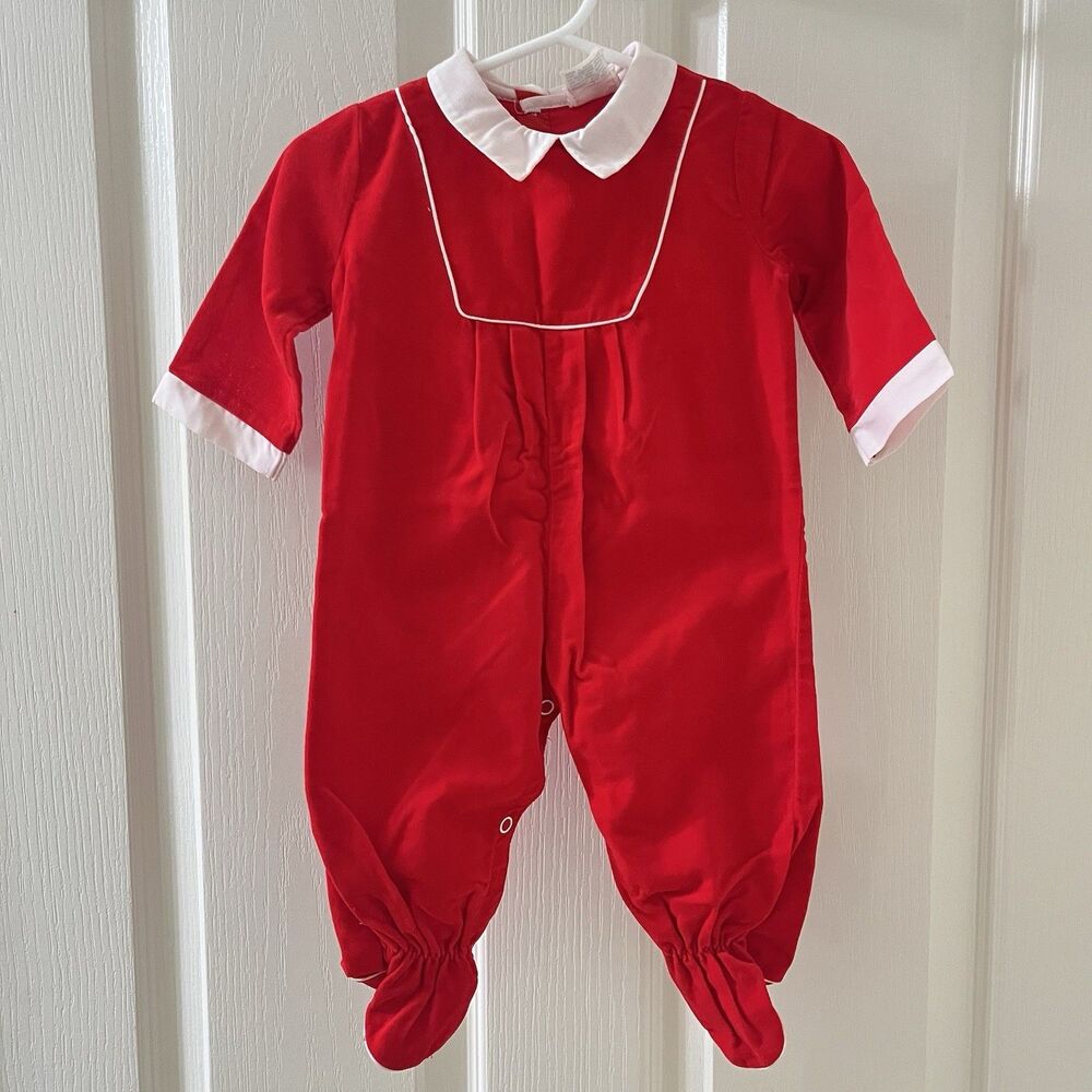 Vintage Nannette Red Velvet Footie Footed One Piece Romper Collared 0-6 Months